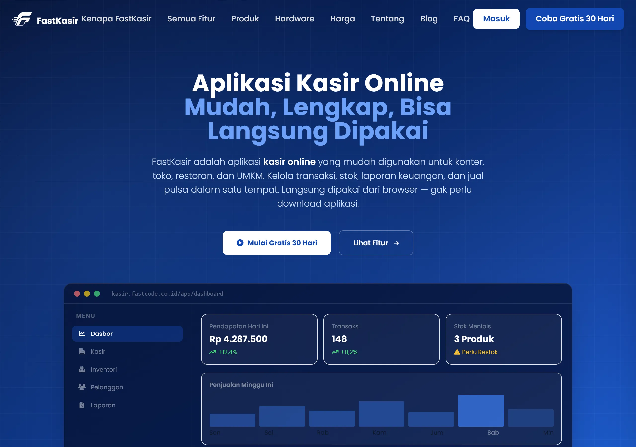 Tangkapan layar kasir.fastcode.co.id, FastKasir, aplikasi kasir online