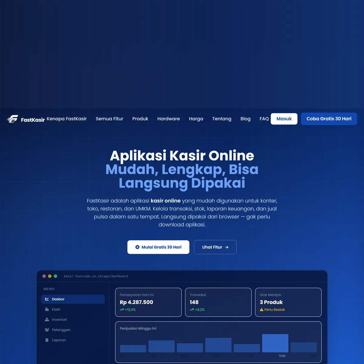 Tangkapan layar kasir.fastcode.co.id, FastKasir, aplikasi kasir online