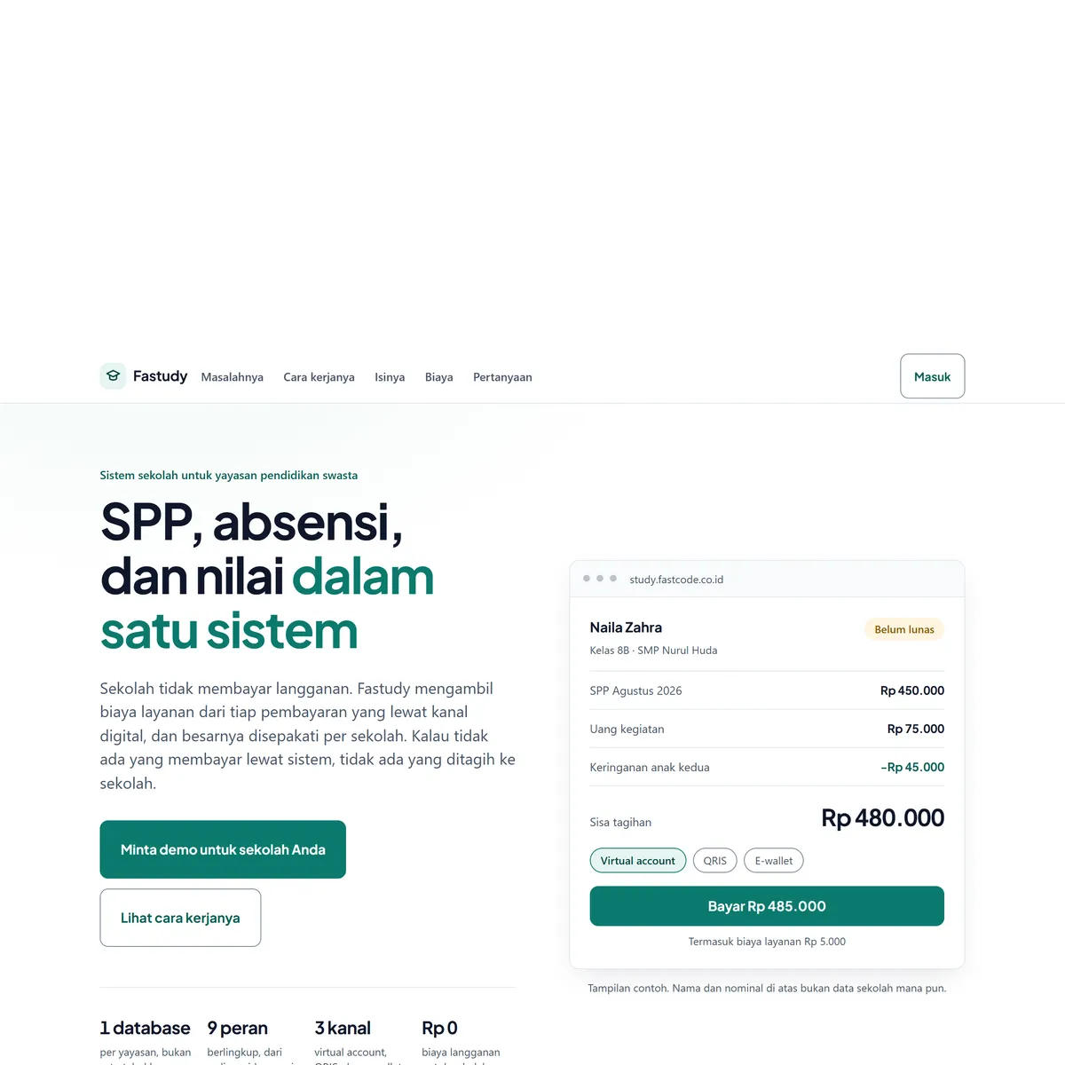 Tangkapan layar study.fastcode.co.id, Fastudy, sistem SPP dan absensi sekolah